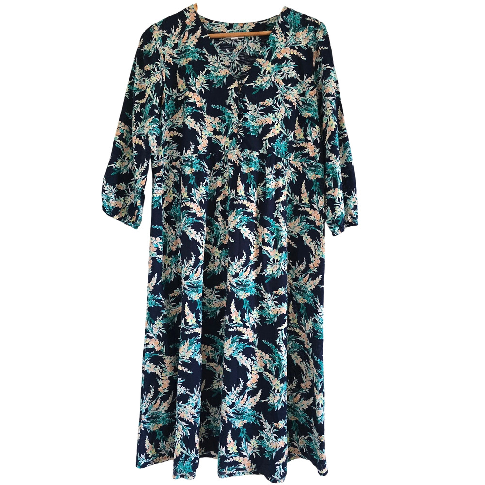 J Jill Navy Floral Cotton Midi Dress Sz-S Relaxed V-neck 3/4 Sleeve Boho cottage - Picture 2 of 9